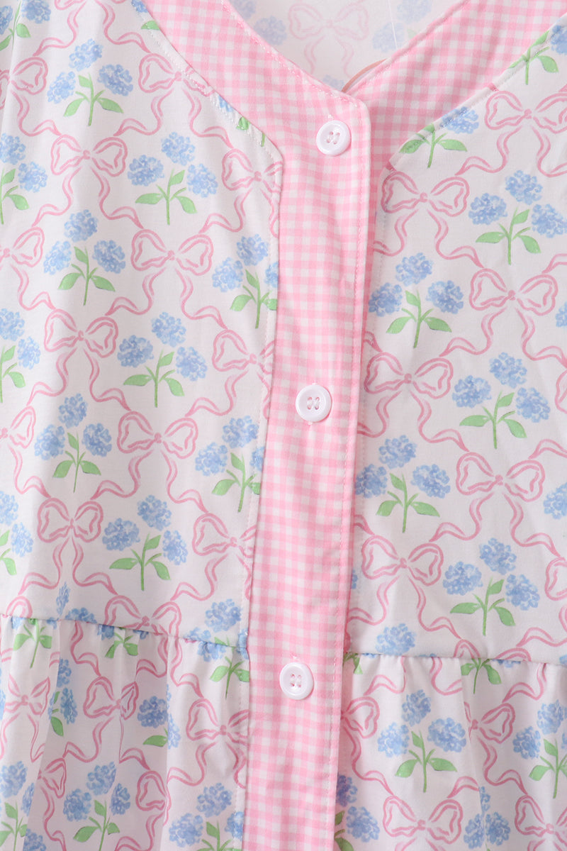 Pink Hydrangea Bow Print Tiered Dress