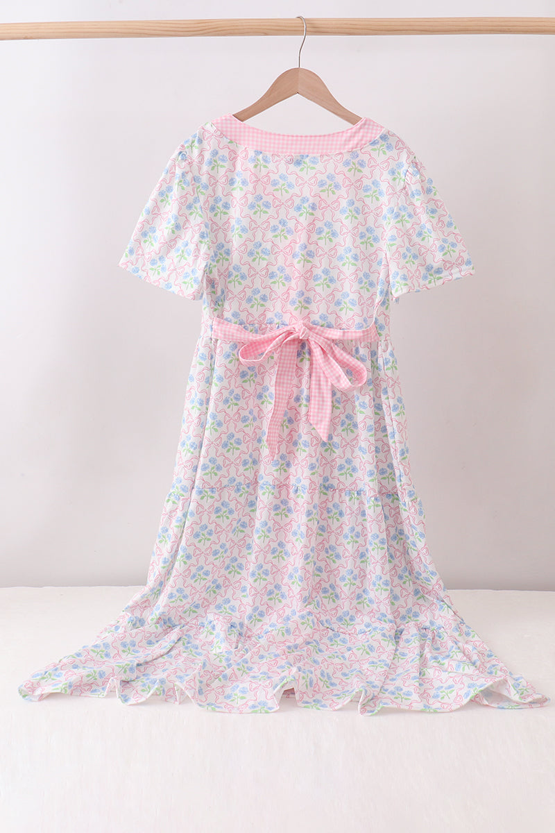 Pink Hydrangea Bow Print Tiered Dress