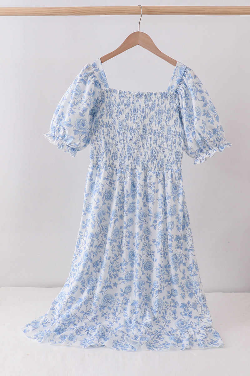 Blue Rose Smocked Ruffle Dress (length 41.33in)