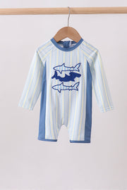 Blue Shark Applique Stripe Swimsuit