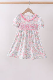 Pink Floral Bow Smocked Ruffle Dress