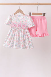 Pink Floral Bow Smocked Ruffle Shorts Set
