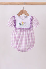 Purple Floral Embroidery Gingham Ruffle Bubble