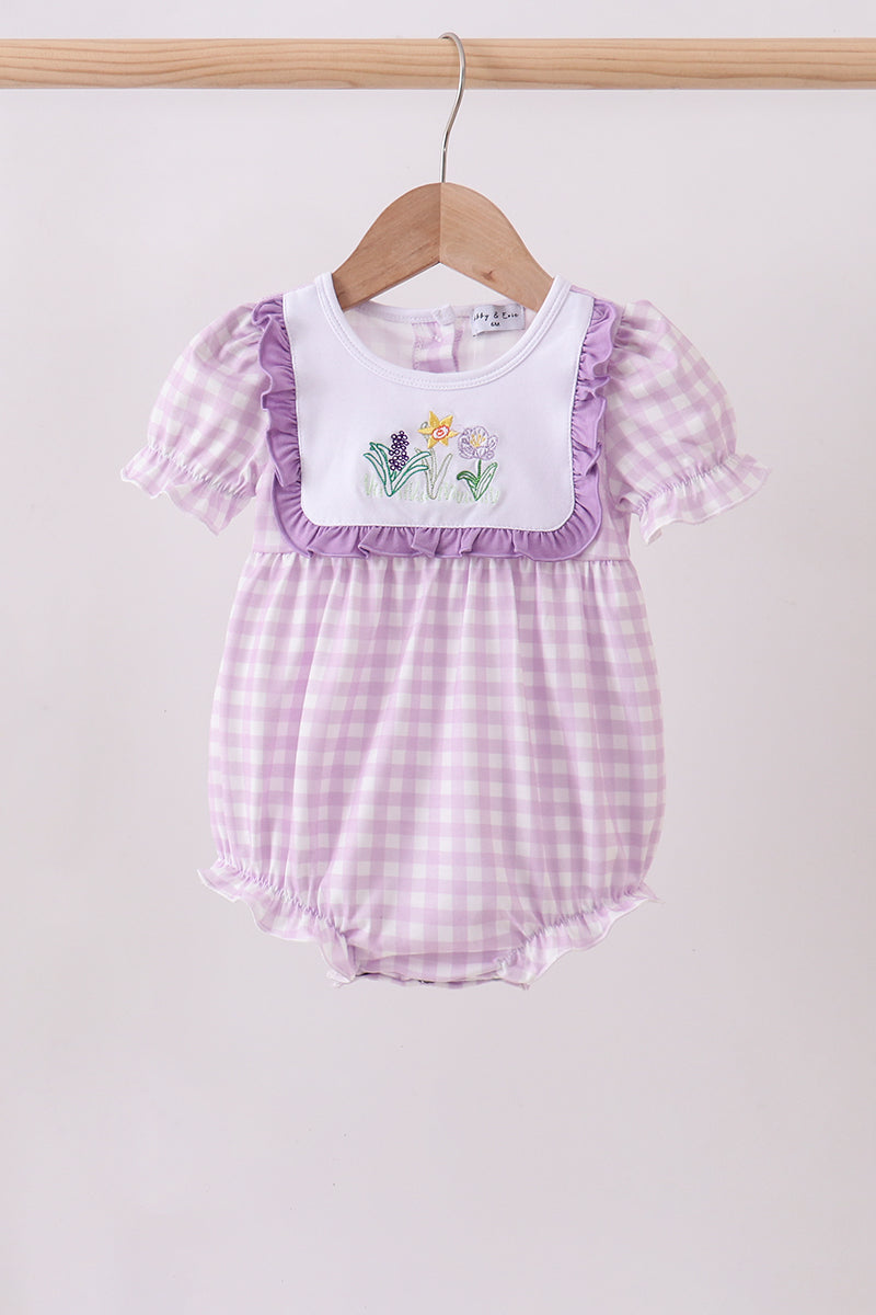 Purple Floral Embroidery Gingham Ruffle Bubble