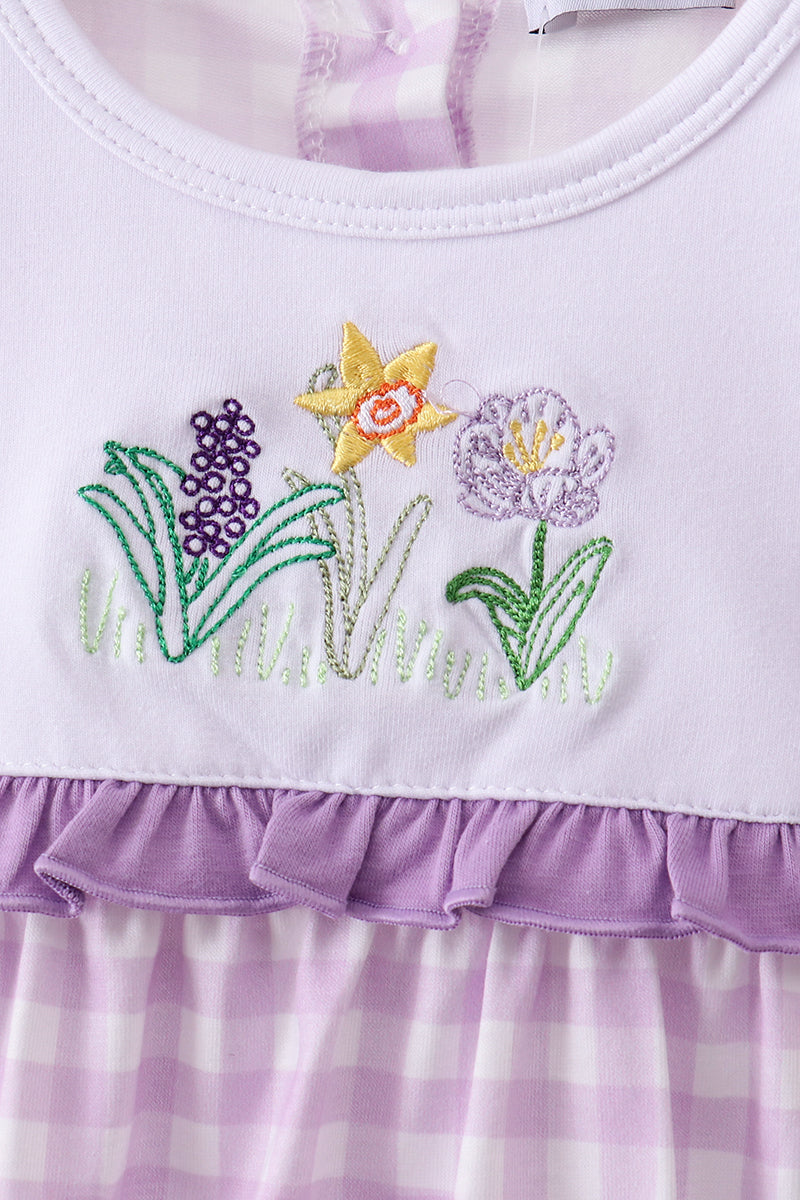 Purple Floral Embroidery Gingham Ruffle Bubble