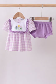 Purple Floral Embroidery Gingham Bloomer Set