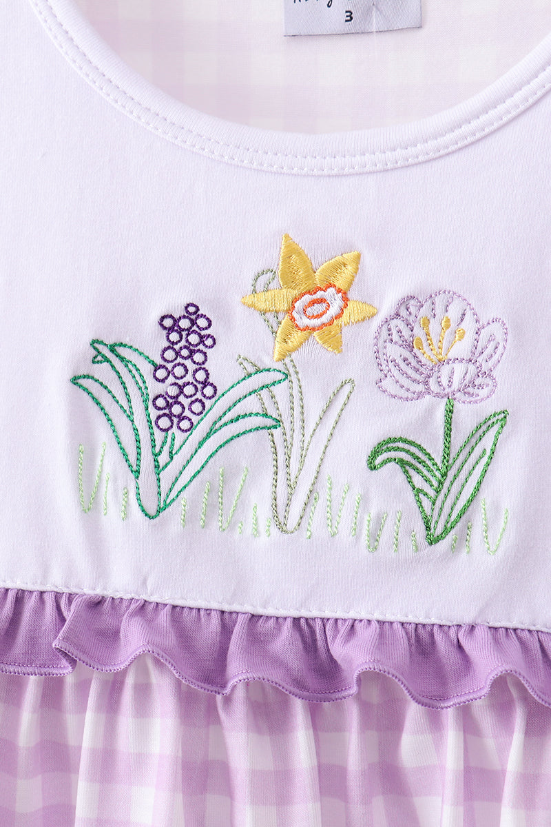 Purple Floral Embroidery Gingham Ruffle Shorts Set