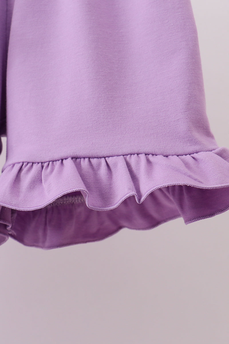 Purple Floral Embroidery Gingham Ruffle Shorts Set