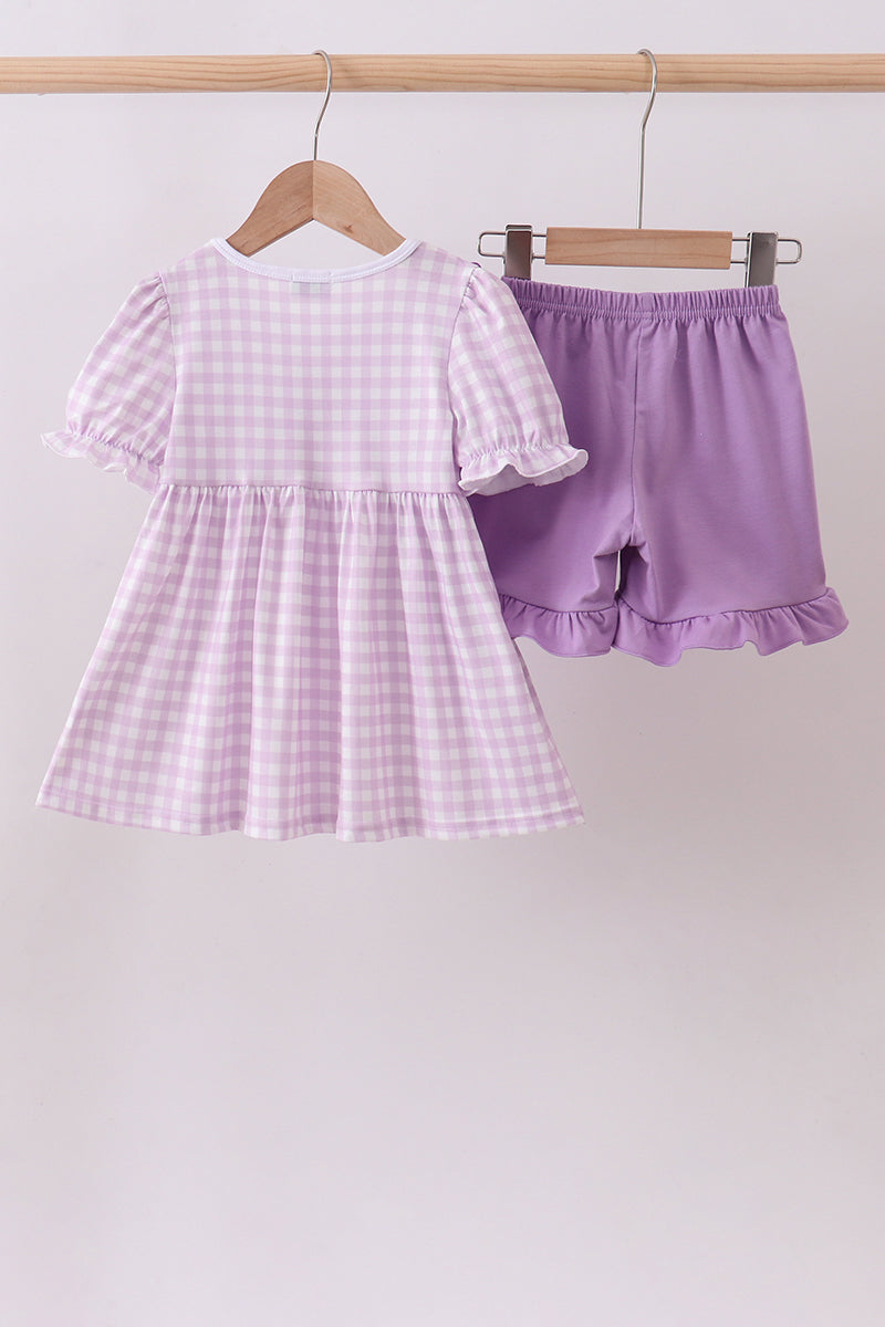 Purple Floral Embroidery Gingham Ruffle Shorts Set