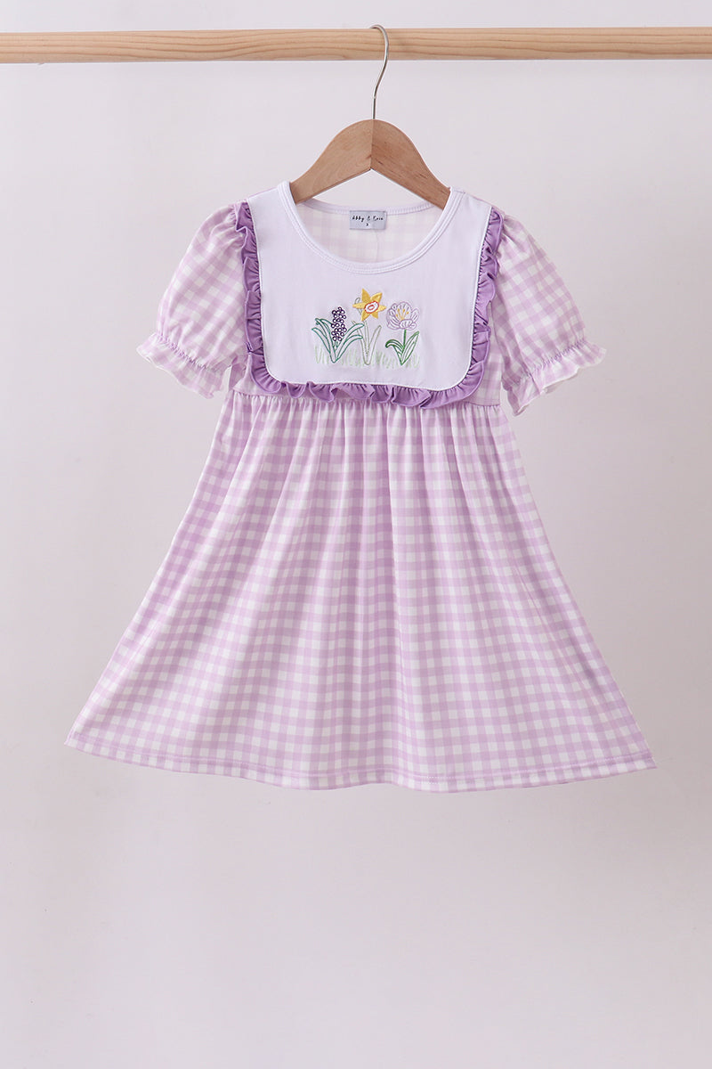 Purple Floral Embroidery Gingham Ruffle Dress