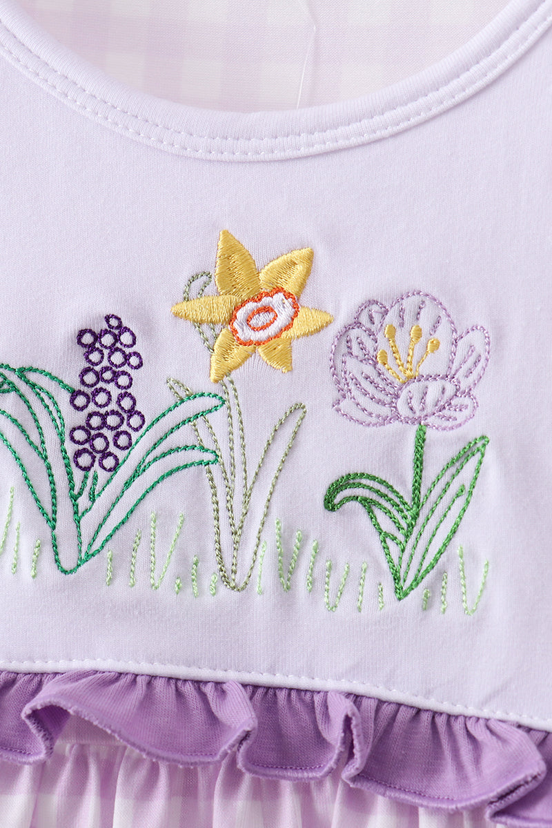 Purple Floral Embroidery Gingham Ruffle Dress