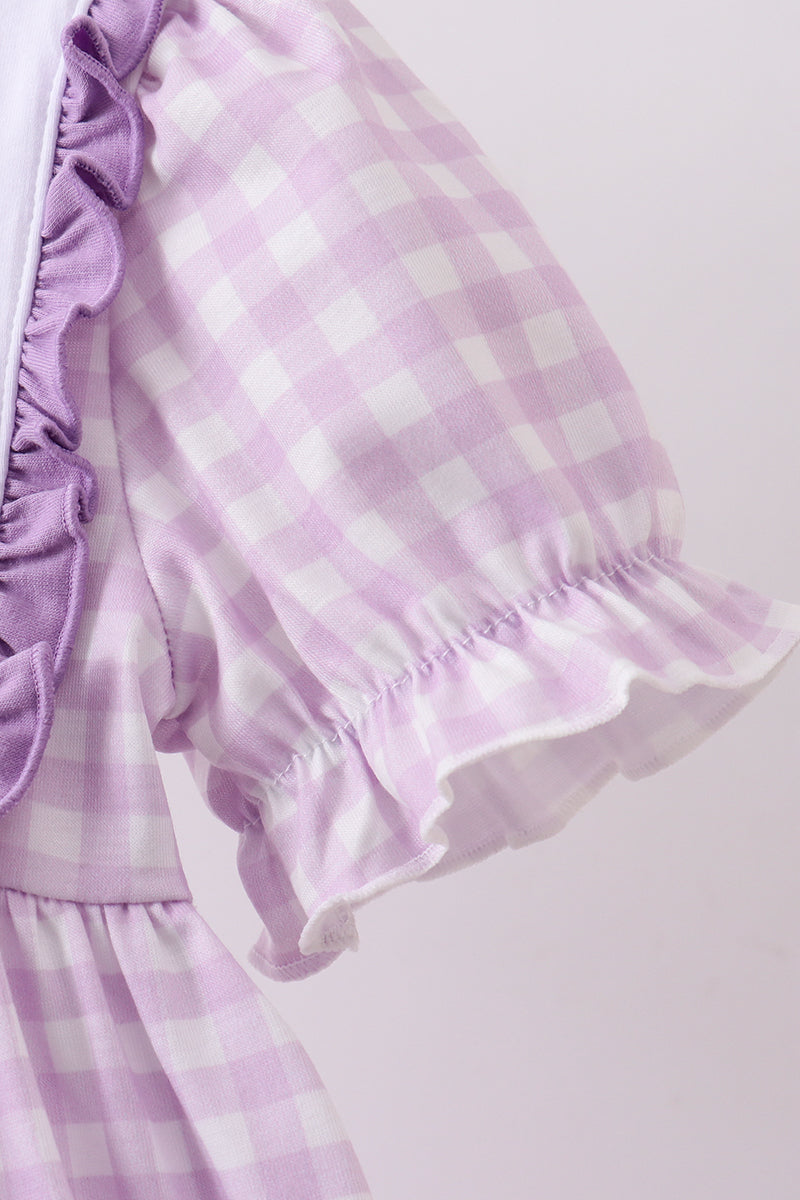 Purple Floral Embroidery Gingham Ruffle Dress
