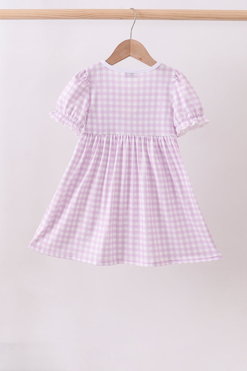 Purple Floral Embroidery Gingham Ruffle Dress