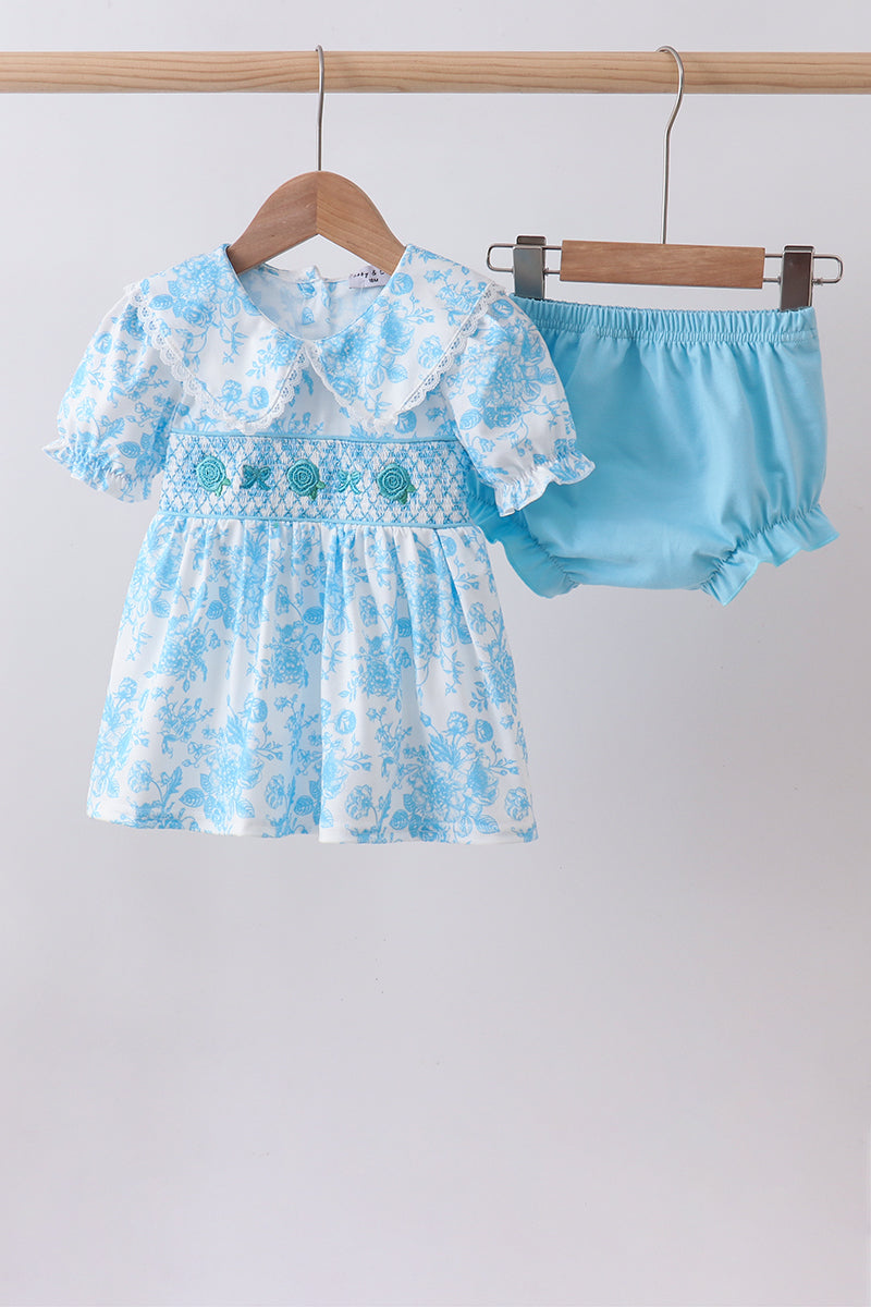Blue Rose Smocked Bloomer Set