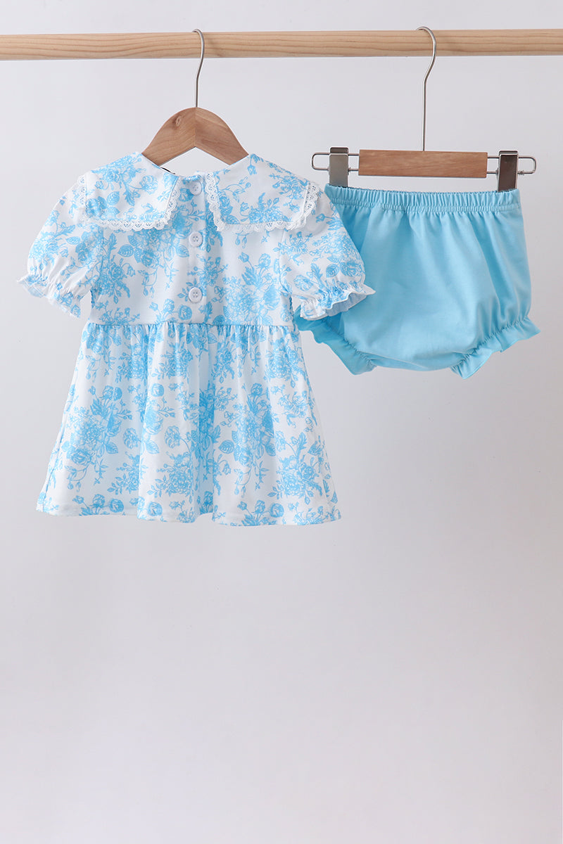 Blue Rose Smocked Bloomer Set