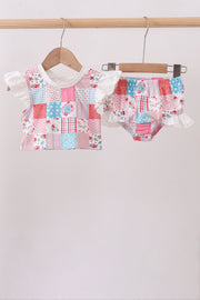 Pink Floral Patchwork Ruffle 2pc Swimsuit