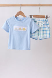Blue Birthday Cake Smocked Plaid Shorts Set