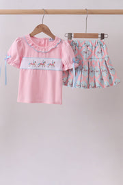 Pink Carousel Smocked Ruffle Skorts Set