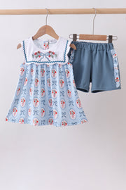 Blue Strawberry Bow Ruffle Shorts Set