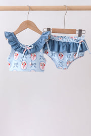 Blue Strawberry Bow Ruffle 2pc Swimsuit