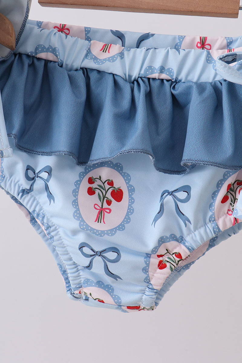 Blue Strawberry Bow Ruffle 2pc Swimsuit