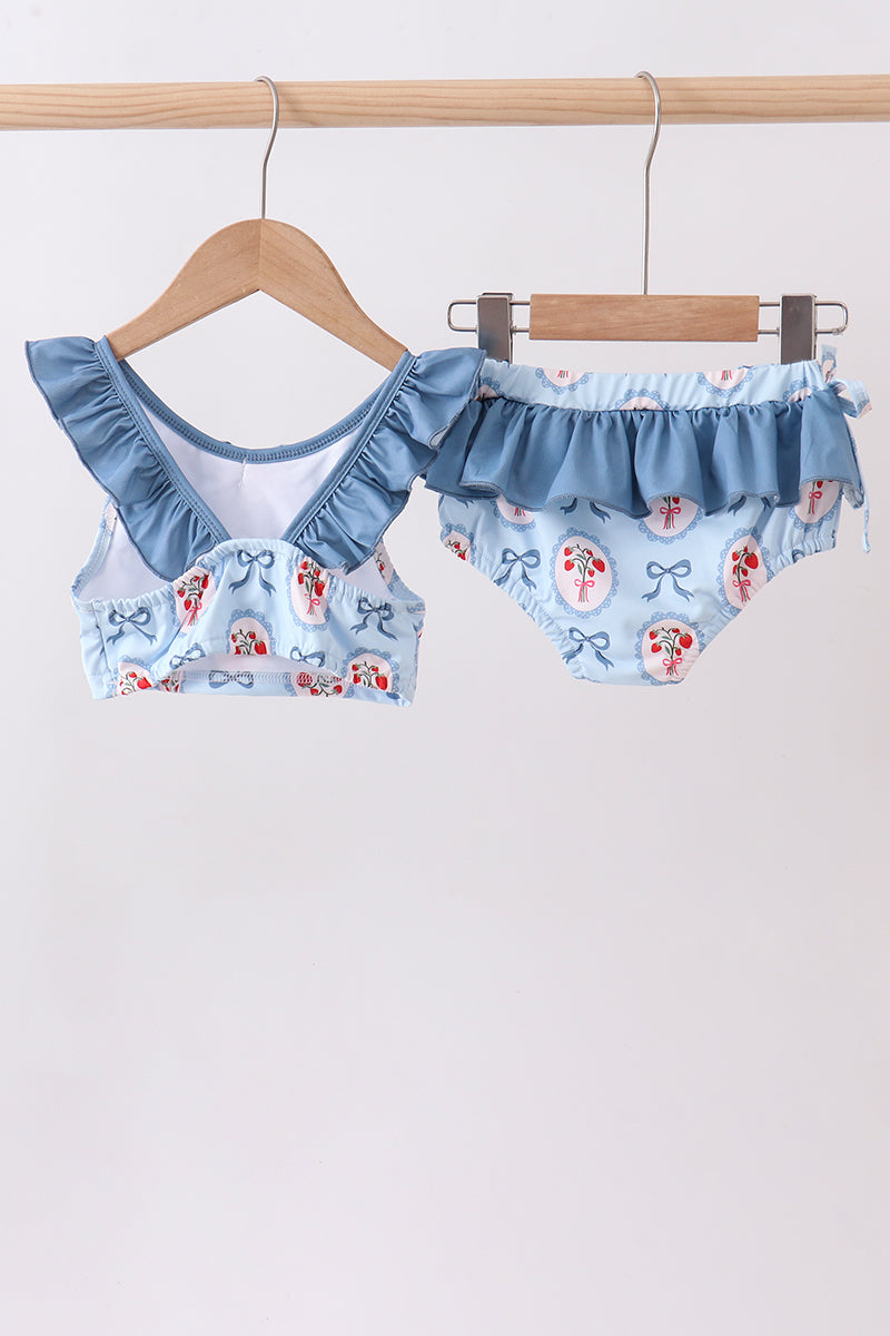 Blue Strawberry Bow Ruffle 2pc Swimsuit