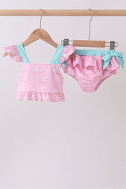 Pink Sailboat Print Ruffle 2pc Swimsuit