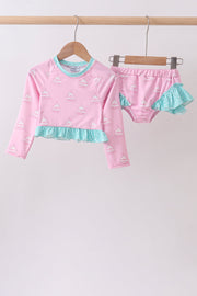 Pink Sailboat Print Ruffle Rashguard Set