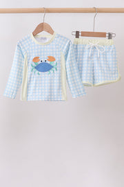 Blue Crab Applique Plaid 2pc Rashguard Set
