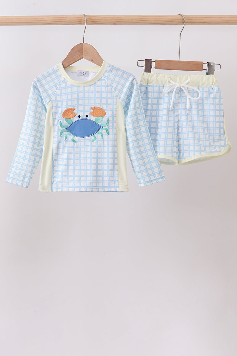 Blue Crab Applique Plaid 2pc Rashguard Set