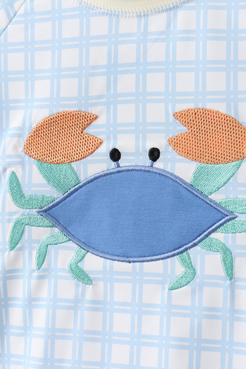 Blue Crab Applique Plaid 2pc Rashguard Set