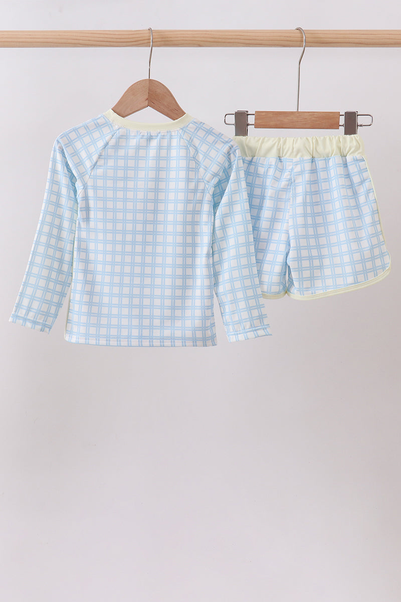 Blue Crab Applique Plaid 2pc Rashguard Set