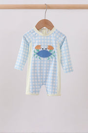 Blue Crab Applique Plaid One-piece Swimsuit