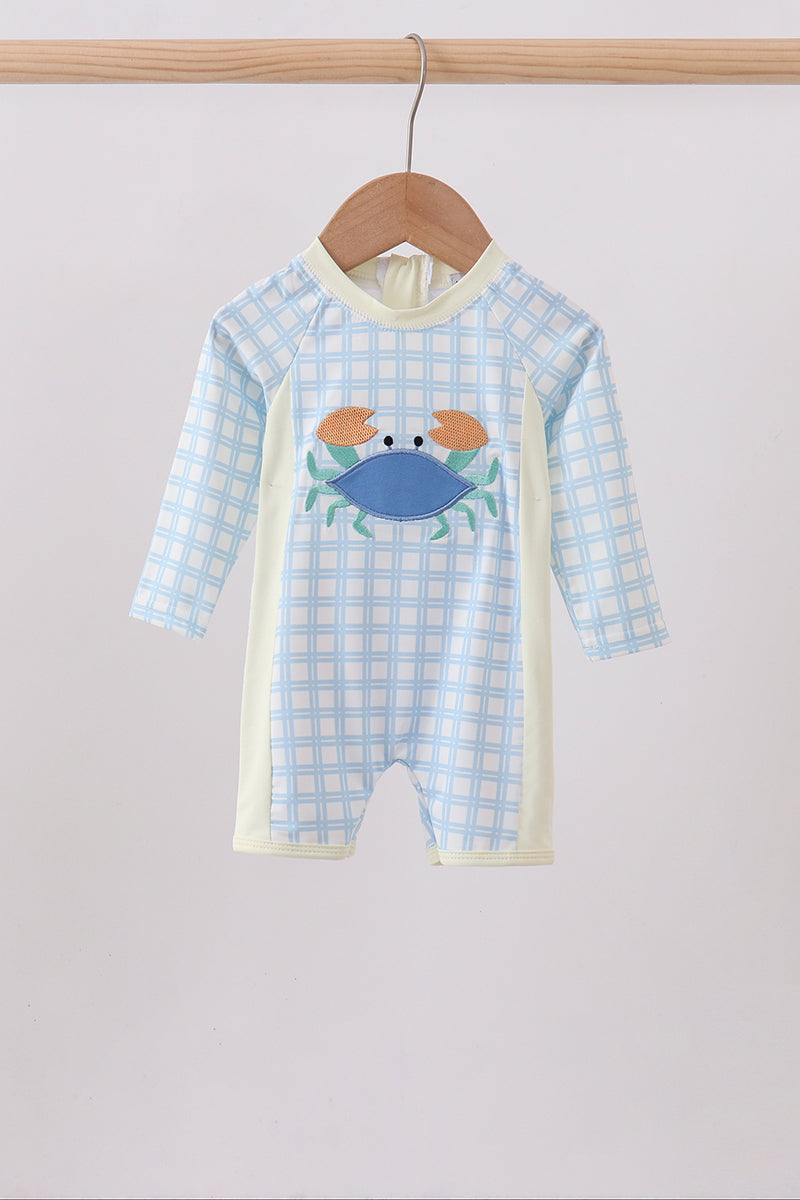Blue Crab Applique Plaid One-piece Swimsuit