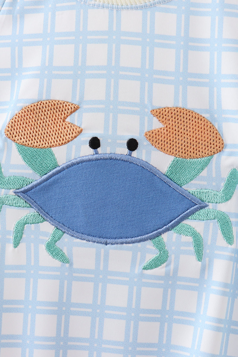 Blue Crab Applique Plaid One-piece Swimsuit