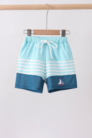 Blue Stripe Sailboat Embroidery Swim Trunks