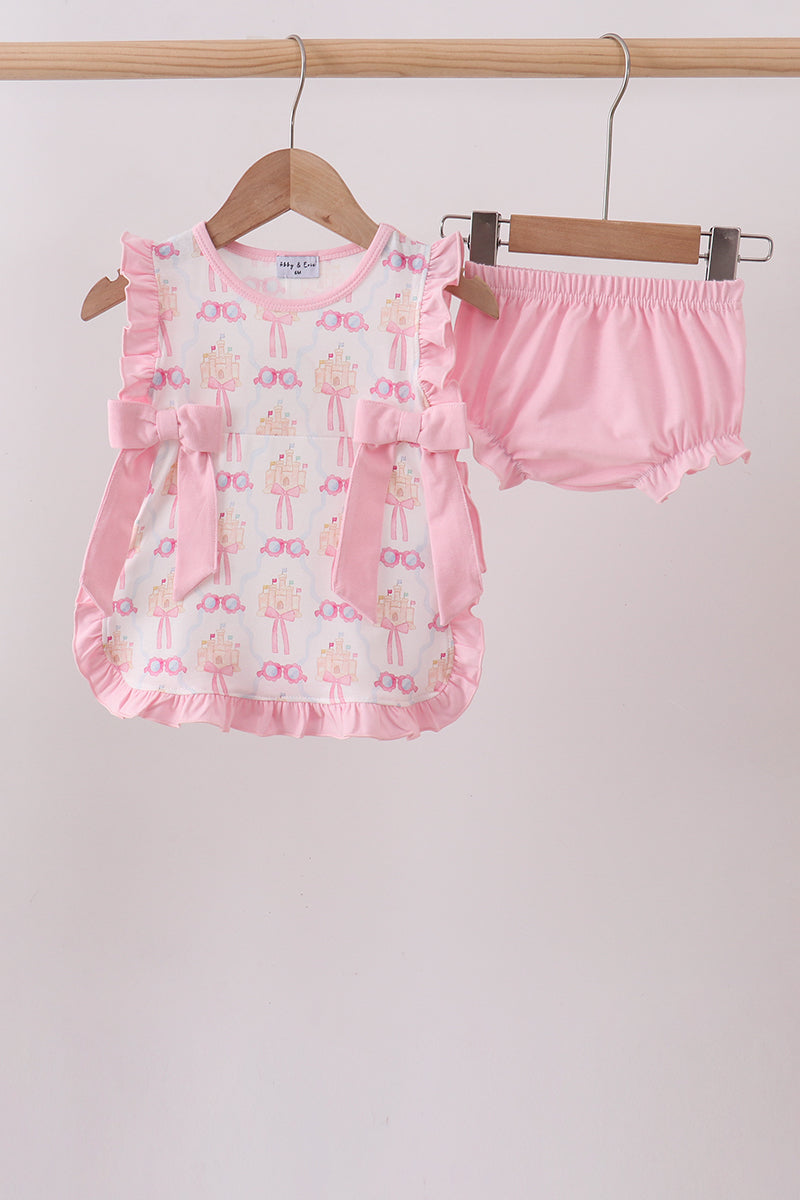 Pink Bow Castle Ruffle Bloomer Set