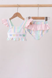 Rainbow Stripe Butterfly Smocked Ruffle 2pc Swimsuit