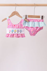 Hot Pink Umbrella Embroidered Upf Swim Set