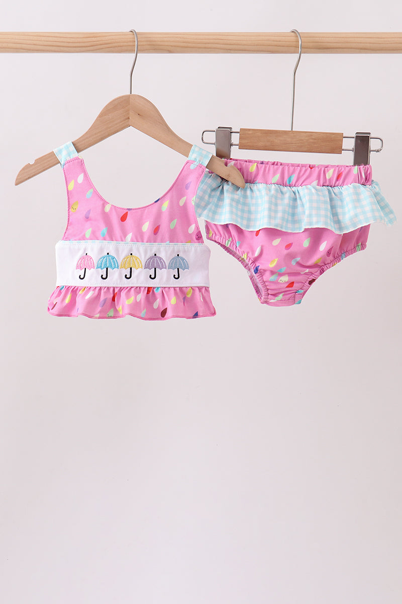 Hot Pink Umbrella Embroidered Upf Swim Set