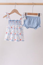 Blue Sailboat Smocked Bloomer Set