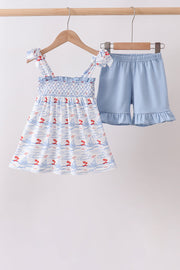 Blue Sailboat Smocked Set