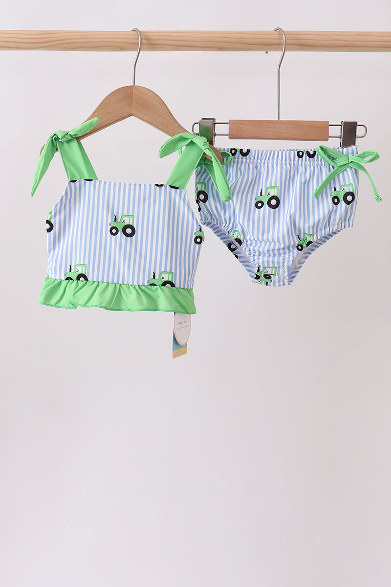 Blue Tractor Stripe Upf Swim Set