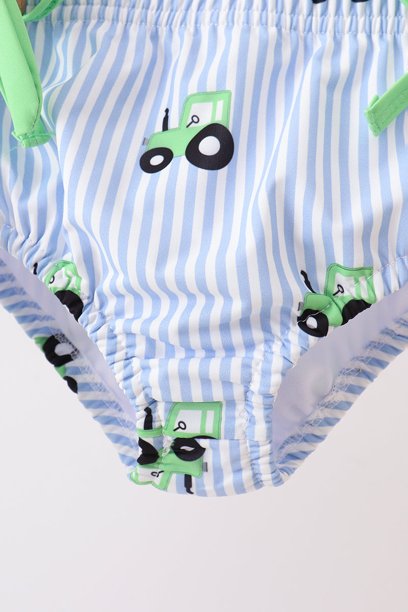 Blue Tractor Stripe Upf Swim Set