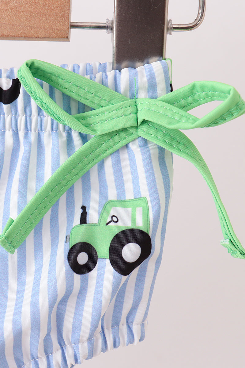 Blue Tractor Stripe Upf Swim Set