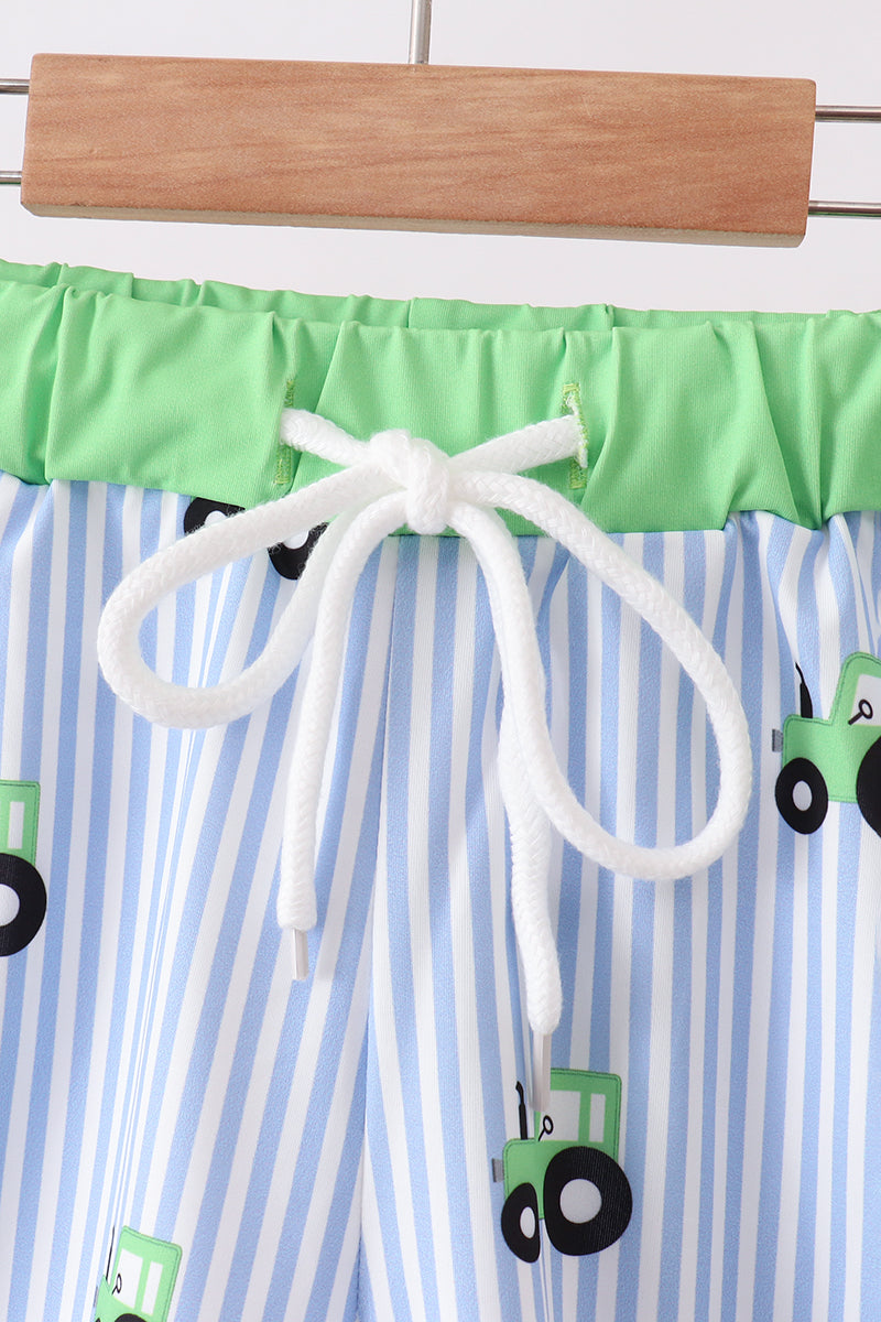 Blue Tractor Stripe Upf Swim Trunks