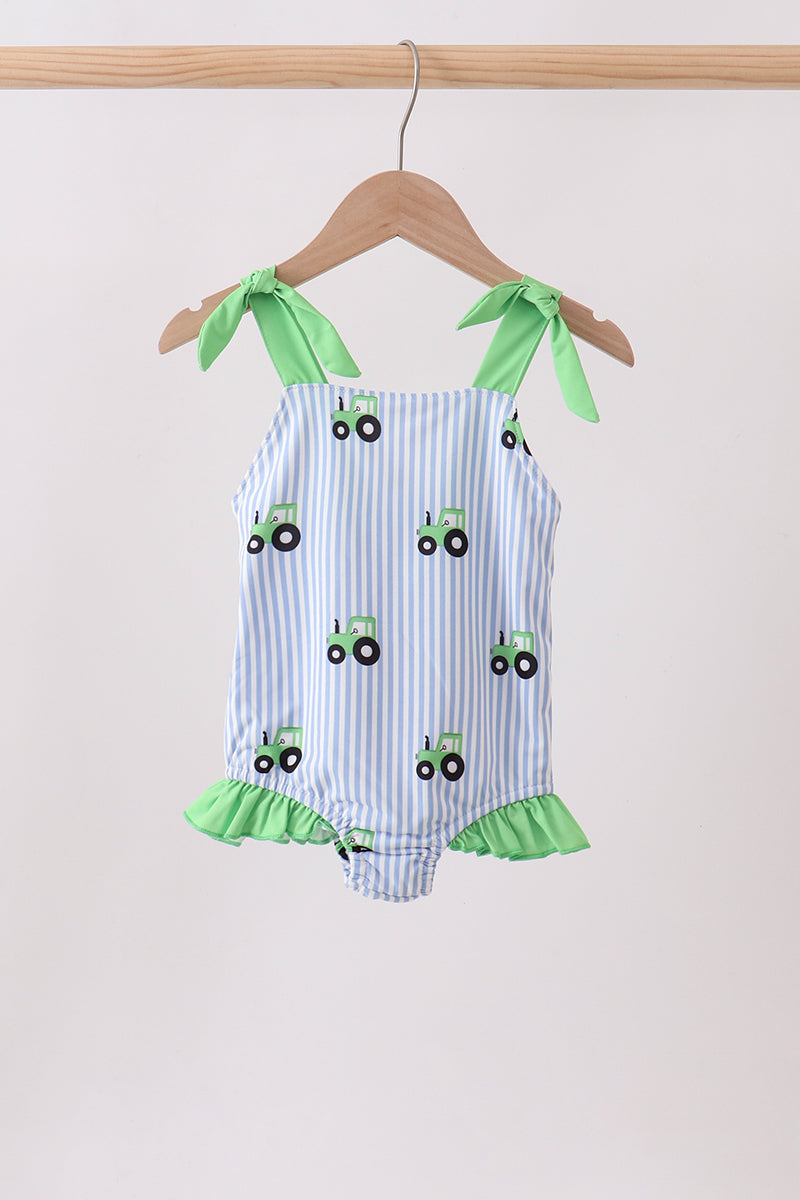 Blue Tractor Stripe Upf Swim One-piece