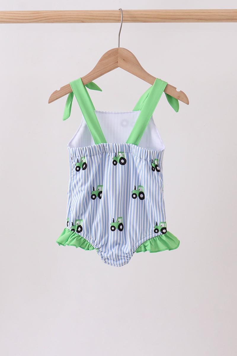 Blue Tractor Stripe Upf Swim One-piece