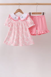 Pink Rose Apple Embroidery Ruffle Dress