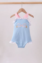 Blue Pencil Bow Embroidery Ruffle Bubble